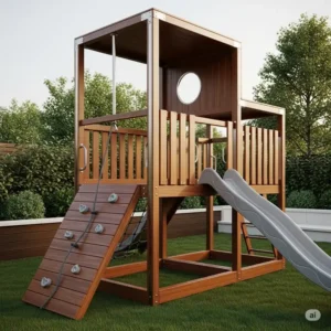 Architectural detail highlighting the sleek, modern design of a premium wooden playset for contemporary outdoor spaces.