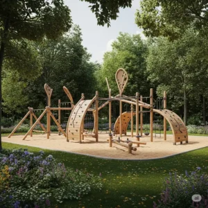 Beautifully designed jungle gyms for adults blending seamlessly into a lush green park environment, offering an ideal space for outdoor exercise.