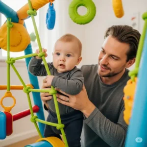 Parent gently guiding a baby on an infant indoor jungle gym, encouraging interactive and safe play.