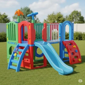 A colorful and easy-to-clean plastic outdoor climbing set, ideal for young children and backyard playgrounds.