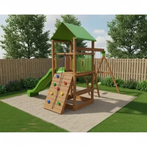 A compact jungle gym backyard design specifically optimized for smaller backyards, maximizing play space efficiently.