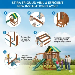 An illustration depicting the straightforward and efficient installation process for a new vinyl backyard playset.