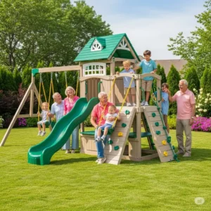 Multi-generational family enjoying a spacious vinyl playset, suitable for toddlers to older children.