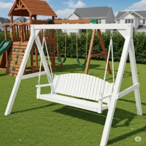 A clean, gleaming vinyl swing set with no signs of rot or splintering, emphasizing its low-maintenance benefits compared to traditional wooden sets.