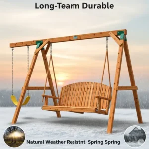 Stylized image of a cedar swing set enduring various weather conditions, showcasing its natural weather resistance and longevity.