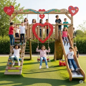 Various aged children enjoying different activities on the versatile wood and hearts jungle gym.