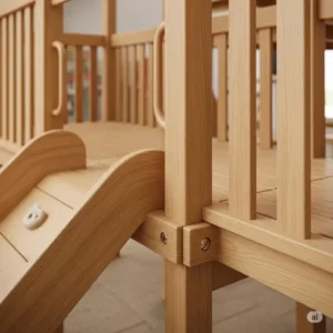 Detailed view of safety features like rounded edges and durable construction in a wooden indoor playground.