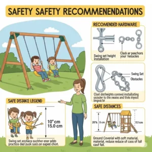 Illustration highlighting key safety features and recommendations for a wooden swing set kit.