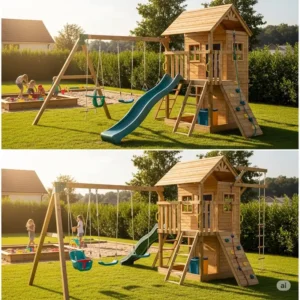 Another perspective of a complete wooden swing set with playhouse, showcasing its multi-activity design.