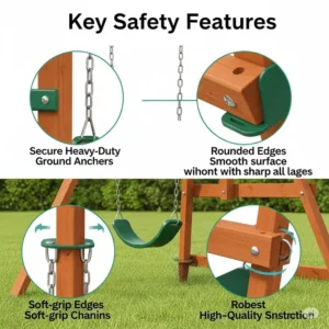  Image highlighting key safety features of a best rated wooden swing set, such as secure anchors, soft-grip chains, and rounded edges.