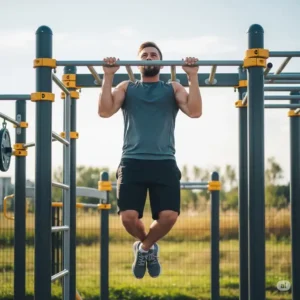 Strong adult performing a perfect pull-up on a high bar of a well-maintained jungle gyms for adults, showcasing the equipment's suitability for advanced exercises.