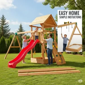 A partially assembled cedar playground structure, illustrating the ease of home installation.