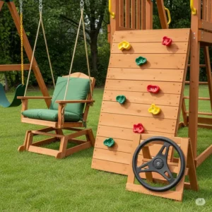 Collection of popular accessories for cedar swing sets, including a glider, rock wall, and steering wheel, enhancing play options.
