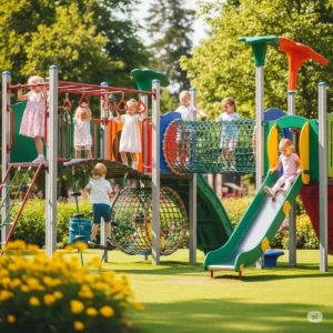 Happy children playing on outdoor climbing set, promoting physical activity and imagination.