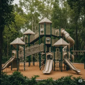 An expansive multi-tower Eastern Jungle Gyms playset with bridges, slides, and climbing features, providing endless adventure.