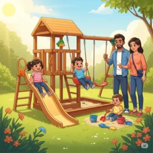 An illustration showing a family happily interacting with a compact wooden playset, demonstrating its appeal for various ages and promoting outdoor fun.