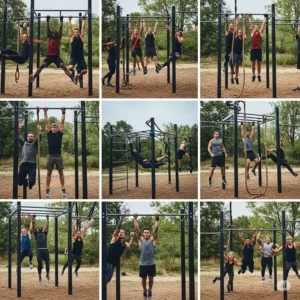 Series of dynamic exercises illustrating a full-body workout circuit utilizing various stations of outdoor **jungle gym workout equipment**.