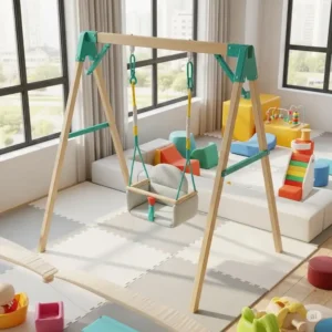 A small, secure swing set specifically designed for toddlers, incorporated into an indoor play gym for toddlers.