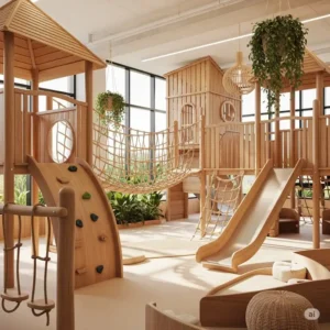  Bright indoor wooden playground emphasizing natural materials and sustainable design for children.
