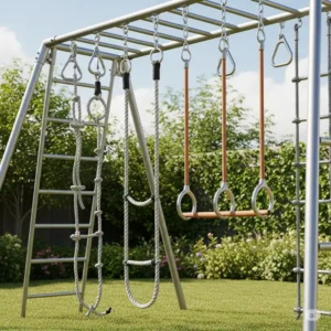 Various accessories for a backyard jungle gym backyard, including monkey bars, climbing ropes, and trapeze rings.