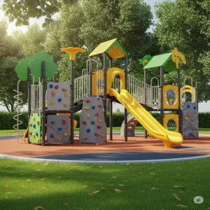 Children's jungle gym with integrated climbing walls and an attached slide, encouraging physical activity and imaginative play.