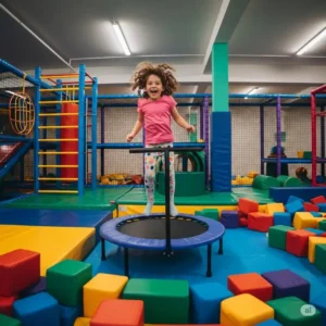 A child bouncing on a mini trampoline, part of the engaging equipment found in an indoor kids gym.