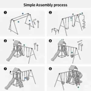 Diagram showing the easy assembly steps for a DIY metal playground set, highlighting key components.