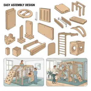 Illustrated components of a modular wooden indoor jungle gym, showcasing its easy assembly and customizable design.