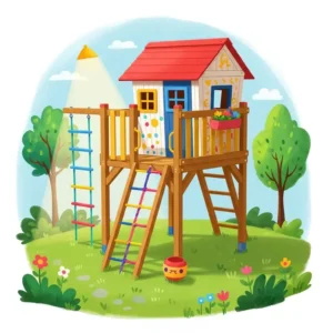 Illustration of a compact backyard climbing playhouse, ideal for smaller outdoor spaces.
