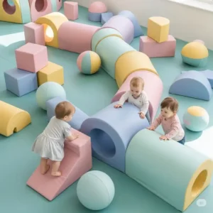 Various geometric soft play shapes and tunnels, promoting cognitive and physical development in young toddlers.