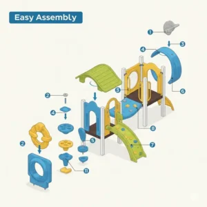 Diagram or illustration showing easy assembly features of a modern vinyl playground set, demonstrating its user-friendly design.