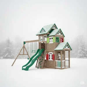 A sturdy vinyl backyard playset standing strong amidst a light snowfall, highlighting its exceptional weather resistance and year-round durability.