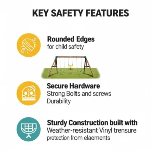 An infographic highlighting key safety features of a vinyl swing set, including rounded edges, secure hardware, and sturdy construction for peace of mind.