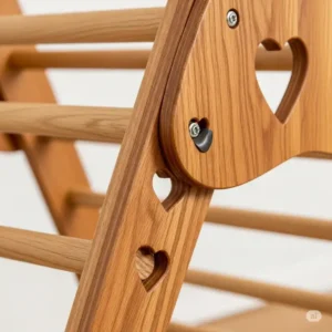 Detail shot highlighting the natural, splinter-free wood grain of the wood and hearts jungle gym, with heart accents.