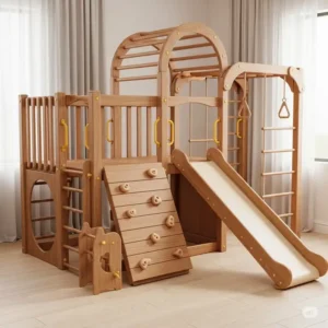 A durable wooden play structure, an excellent option for an indoor home playground.