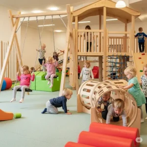 Children engaged in various activities like swinging and crawling in a wooden indoor playground activity zone.