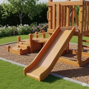 Toddler-friendly section of a modern wooden playset featuring a small slide and low-rise climbing elements.