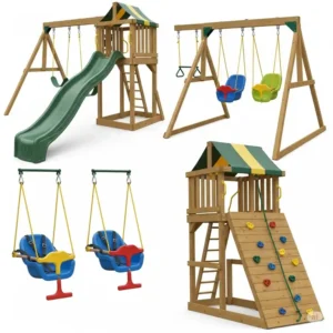 Examples of optional accessories and add-ons compatible with a wooden swing set kit, like gliders or slides.