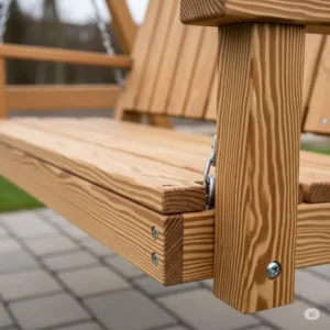 Close-up of the natural wood grain on a high-quality wooden swing set with playhouse, highlighting its durable construction.
