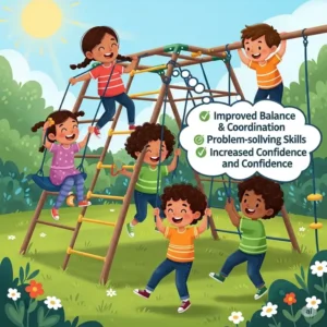 Illustration highlighting the developmental benefits of a backyard climbing structure for children, including physical and cognitive growth.