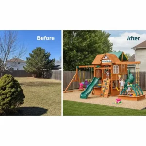 Before and after view of a backyard transformed with a new CedarWorks playset, demonstrating the value proposition behind CedarWorks playset prices.
