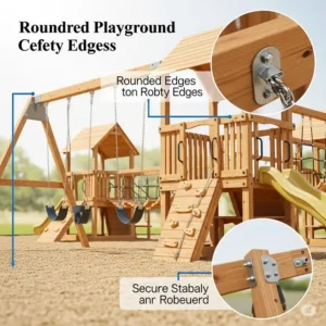  Image highlighting safety features of a cedar playground, such as rounded edges and secure anchoring.