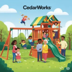 "An illustration depicting happy families enjoying their CedarWorks playset, symbolizing the high customer satisfaction often reported in CedarWorks playset reviews."