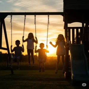 Silhouettes of joyful children playing and laughing on a backyard jungle gym backyard at sunset, depicting fun and healthy outdoor activity.