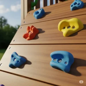Close-up of ergonomic climbing holds on an outdoor climbing set, designed for small hands to grip securely.
