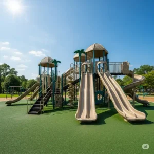 Large commercial-grade jungle gym with multiple slides and climbing structures, suitable for parks and public playgrounds.