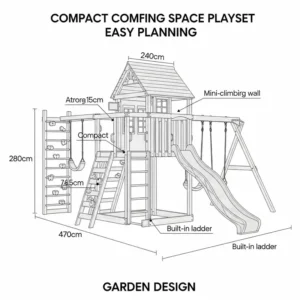A diagrammatic illustration outlining the compact dimensions and smart layout of a space-efficient wooden playset, ideal for planning purposes.