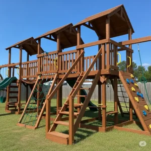 High-quality, durable wood construction of a modern playset, built to withstand weather and provide years of outdoor enjoyment.