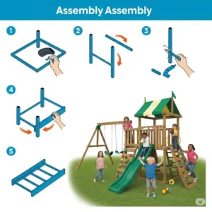 Illustration demonstrating the straightforward assembly process of an Eastern Jungle Gyms playset, ready for play.
