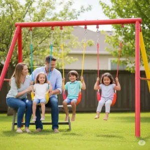 A happy family enjoying quality time together around a vinyl swing set, showing parents watching their children play safely and happily.